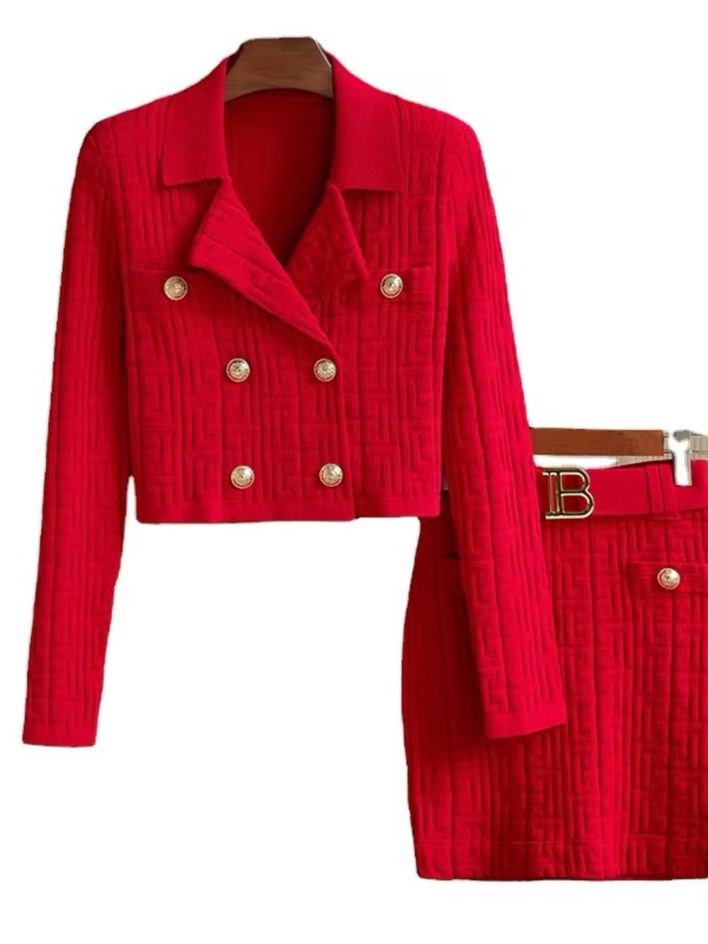 Red Cropped Double-Breasted Mini Skirt Set